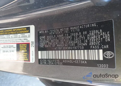 2011 Toyota Camry Se from USA, damaged, VIN 4T1BF3EK9BU197759